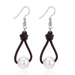 White Pearl Dangle Earrings on Genuine Leather Cord Hook Drop Bohemian Jewelry for Women