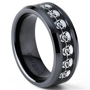 Metal Masters Co. Black Ceramic Men's Skull Cut -out Over Cabron Fiber Ring, Comfort Fit Band, 8mm Sizes 8 to 13