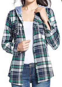 BomDeals Women's Classic Plaid Cotton Hoodie Button up Flannel Shirts 