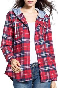 BomDeals Women's Classic Plaid Cotton Hoodie Button up Flannel Shirts 