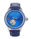 Women's Crystal Accented Bezel Blue Sunray Skeleton Dial Leather Band Stainless Steel Automatic Watch