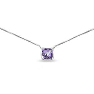 Sterling Silver Genuine, Created or Simulated Gemstone Cushion-Cut Bezel-Set Solitaire Short Choker Necklace for Girls, Teens, Women