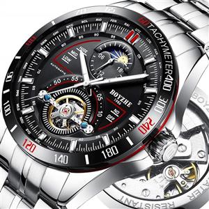 BOYZHE Men's Automatic Machines Watches Stainless Steel Tourbillon Night Light Calendar Monthly Phase Clock Men Watch
