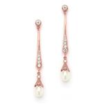 Mariell Slender Rose Gold CZ Vintage Dangle Earrings with Freshwater Pearl Drops - Bridal Wedding Style