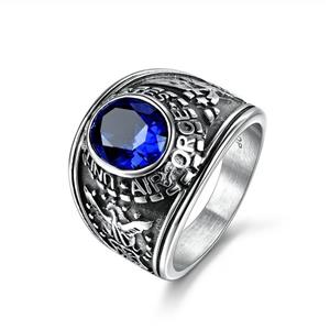 MASOP Jewelry Men's Stainless Steel United State Airforce Wide Identify Ring Blue Sapphire Color Stone 