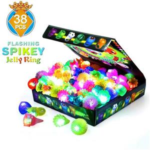 SCIONE Birthday Party Favor for Kids LED Light Up Rings 38 Pack Prizes Classroom Glow in The Dark Supplies Bulk Novelty Jelly Blinking Toy 