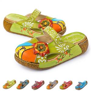 gracosy Women's Colorful Leather Slipper Backless Slip Ons Vintage Handmade Flower Boho Platform Flat Sandals Mule Clogs Shoes 