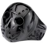 Men's Vintage Gothic Biker Hollow Openwork Skull Halloween Jason Mask Stainless Steel Ring Band Black