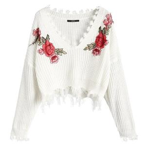 ZAFUL Women's Loose Long Sleeve V-Neck Ripped Pullover Knit Sweater Crop Top 