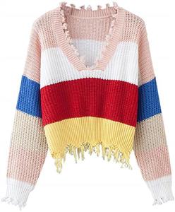 ZAFUL Women's Loose Long Sleeve V-Neck Ripped Pullover Knit Sweater Crop Top 