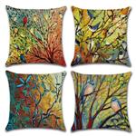 DUSEN Decorative Cotton Linen Set of 4 Throw Pillow Cushion Covers 18 x 18 inch for Sofa, Bench, Bed, Auto Seat (Oil Painting Vivid Birds and Trees Branch Pattern)