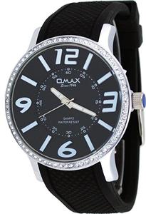 Omax #G002 Men's Silver Tone Black Dial Black Silicone Band Crystal Accented Watch 