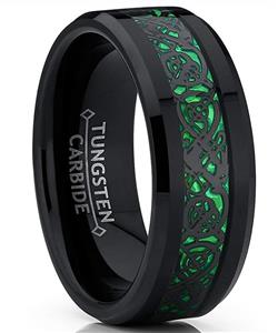 Metal Masters Co. Men's Black Tungsten Carbide Dragon Ring Wedding Band Green Carbon Fiber Comfort Fit 8mm