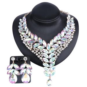 WANG Fashion 18K Gold Plated Crystal Wedding Party Necklace Earring Jewelry Set 