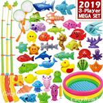 CozyBomB Fishing Game Toys Mega Set - 57 Pcs Summer Outdoor Backyard Water Toy with Kiddie Pool, Magnetic Floating Pole Rod Net Fish - Kids Toddler Education Teaching and Learning Colors Ocean Animals