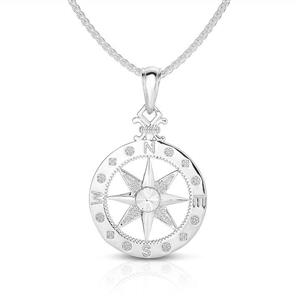 Unique Royal Jewelry 925 Solid Sterling Silver Large Compass-Rose Pendant and Necklace. 