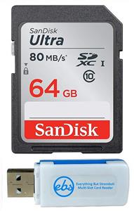 کارت حافظه SDXC سن دیسک مدل Ultra ظرفیت 64 گیگابایت – *80MB/s SanDisk 64GB SDXC SD Ultra Memory Card Bundle 80MB/s Class 10 Works with Canon EOS Rebel SL3, SL2, SL1 Digital Camera (SDSDUNC-064G-GN6IN) Plus 1 Everything But Stromboli (TM) Multi-Slot Card Reader