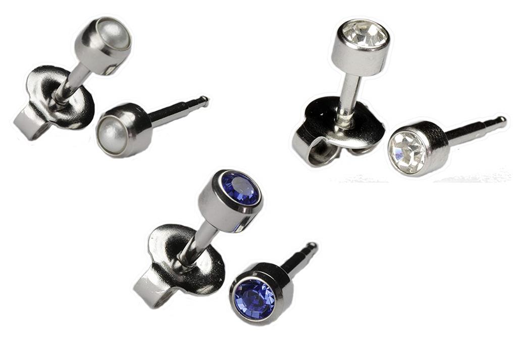 Ear Piercing Earrings Silver 3 Pairs Of 4mm Stainless Steel With Gem 16ga Studex Studs Hypoallergenic