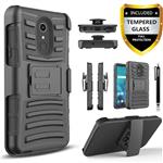 Revvl 2 Case,(T-Mobile) Case, with [Tempered Glass Screen Protector] Heavy Duty Drop Protection [Combo Holster] Rugged Belt Clip Phone Cover with Built-in Kickstand and Stylus Pen-Black