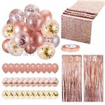 Rose Gold Balloons Party Decorations Supplies Set 35 Pack Include 30 Balloons, 2 Foil Fringe Curtains, 1 Rose Gold Sequin Table Runner, 2 Foil Ribbon for Birthday Party, Wedding,Xmas New Year Festival