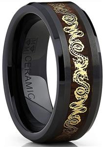 Metal Masters Co. Black Ceramic Men's Wedding Ring Band Goldtone Color Dragon Design Over Wood Inlay 