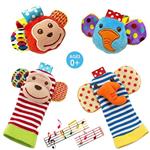 Daisy 4-Piece Animal Baby Infant Wrists Rattle and Socks Foot Finders Set Developmental Soft Toy - Elephant and Monkey