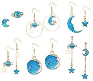 Milacolato 6Pairs Asymmetrical Earrings Moon Star Earth Planet Earrings Stud Dangle Earrings for Women Girls