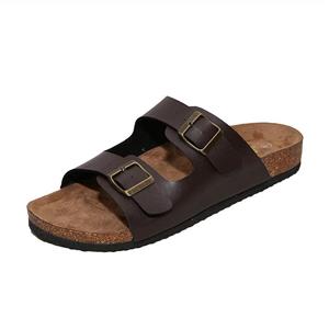 WTW Men's Arizona 2-Strap PU Leather Platform Sandals, Slid-on Cork Footbed Sandals with Double Metal Adjustable Buckles, Causal Style 