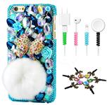 STENES Bling Case Compatible with iPhone 5/5S/SE - Stylish - 3D Handmade [Sparkle Series] Bow 3D Bows Rabbit Tail Villus Flowers Design Cover with Cable Protector [4 Pack] - Blue