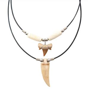2 PCs - Genuine Shark Tooth and Tiger Tooth Horn Pendant Necklace Set for Men Boys - Handmade - Teeth Pendants on Leather Cord with Ox Bone and Horn Beads - Cool Surfer Hawaiian Beach Style Jewelry 