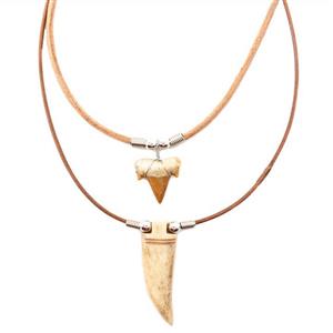 2 PCs - Genuine Shark Tooth and Tiger Tooth Horn Pendant Necklace Set for Men Boys - Handmade - Teeth Pendants on Leather Cord with Ox Bone and Horn Beads - Cool Surfer Hawaiian Beach Style Jewelry 