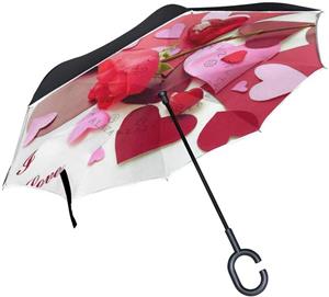 Reverse Umbrella Rose Heart Shape I Love You Windproof Double Layer Inverted Umbrella Anti-UV Protection with C-Shaped Handle for Car Outdoor Use 