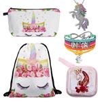 5 Unicorn Gifts Set for Girls- Unicorn Drawstring Backpack/Unicorn Makeup Bag/Handmade Rainbow Unicorn Bracelet Wristband/Rainbow Unicorn Necklace/Unicorn Coin Purse (Unicorn Gift-I)
