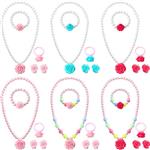 Bememo 6 Sets Princess Rose Pearl Necklace Bracelet Earrings Ring Pearl Jewelry for Girls