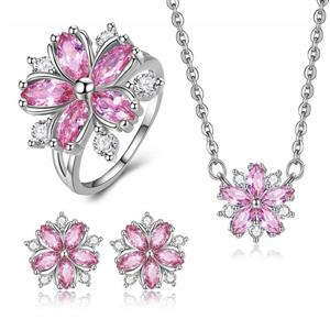Mother’s Best Gift Sakura Blossom Pendent Necklace,Stud Earrings,Ring 3Pcs Jewelry Set for Women and Girls 