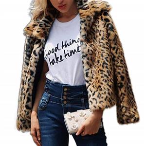 Womens Leopard Faux Fur Coat Vintage Warm Long Sleeve Parka Jacket Outwear