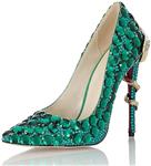 Top Manual Mosaic Green Rhinestone Leather High Heels Shallow Pointed Shoe Fine-Heeled Bride's Wedding Shoes