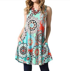 Ankola Dress, Women's Boho Printed Casual Sleeveless Swing Tunic T-Shirt Dress Short Mini Dress