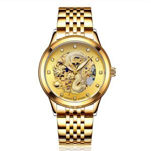 ALXDR Couple Watches Dragon and Phoenix Luxury Stainless Steel Automatic Mechanical Hollow Luminous Gold Wrist for Man Women 