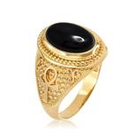 14K Yellow Gold Egyptian Ankh Cross Black Onyx Gemstone Ring
