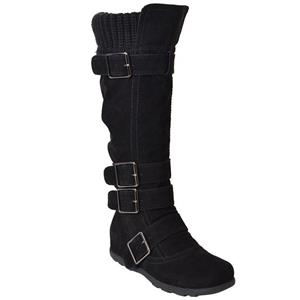 Generation Y Women's Knee High Mid Calf Boots Ruched Suede Knitted Calf Buckles Rubber Sole GY-WB-233 