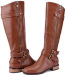 Odema Women's PU Leather Zipper and Buckle Knee-High Riding Boots