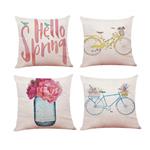 4-Pack Hello Spring Easter Throw Pillow Cover Vintage Bicycle Flower Cushion Case 18 x 18 Inch for Home Sofa Decorative