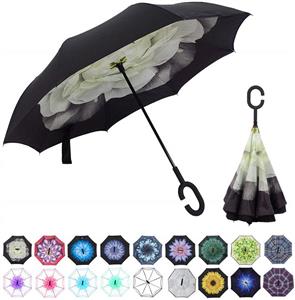 WASING Double Layer Inverted Umbrella Cars Reverse Umbrella, Windproof UV Protection Big Straight Umbrella for Car Rain Outdoor with C-Shaped Handle 