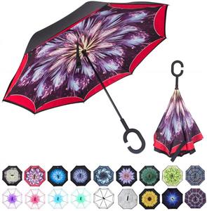 WASING Double Layer Inverted Umbrella Cars Reverse Umbrella, Windproof UV Protection Big Straight Umbrella for Car Rain Outdoor with C-Shaped Handle 