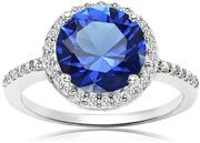 Ice Gems Sterling Silver Simulated Blue Sapphire and Cubic Zirconia Round Halo Ring