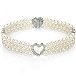 La Regis Jewelry 14k White Gold Heart-Shape Divider 4-4.5mm White Freshwater Cultured Pearl 3-Rows Bracelet