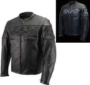 Men’s Leather Skull Scooter Jacket W Removable Armor in Premium Natural Buffalo Gun Pockets, Vents, Side Zippers Black and Grey Biker 2X) 