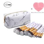 Makeup Brushes Sets,10 Pcs Marble Make Up Brush Face Eyeliner Blush Contour Foundation Eyeshadow for Women Powder Liquid Cream with White PU Leather Cosmetic Bag Holder&Brush Cleaner 