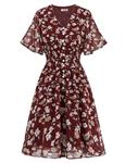 Aupuls Women's Casual Summer V Neck Floral Print Flared Dress Chiffon Boho Dress